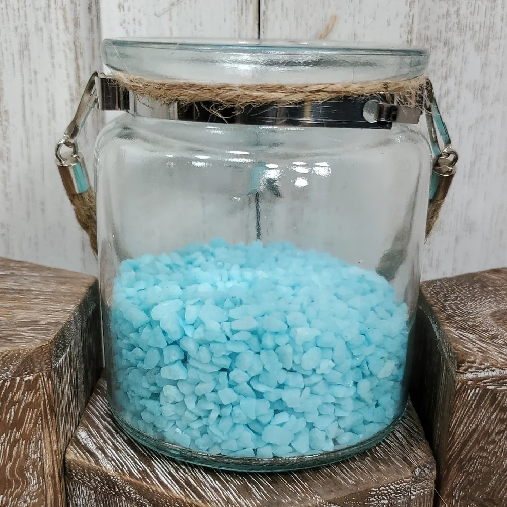 Glass Jar Vase with Silver Starfish Charm Twine Handle & Aqua Pebble Rocks
